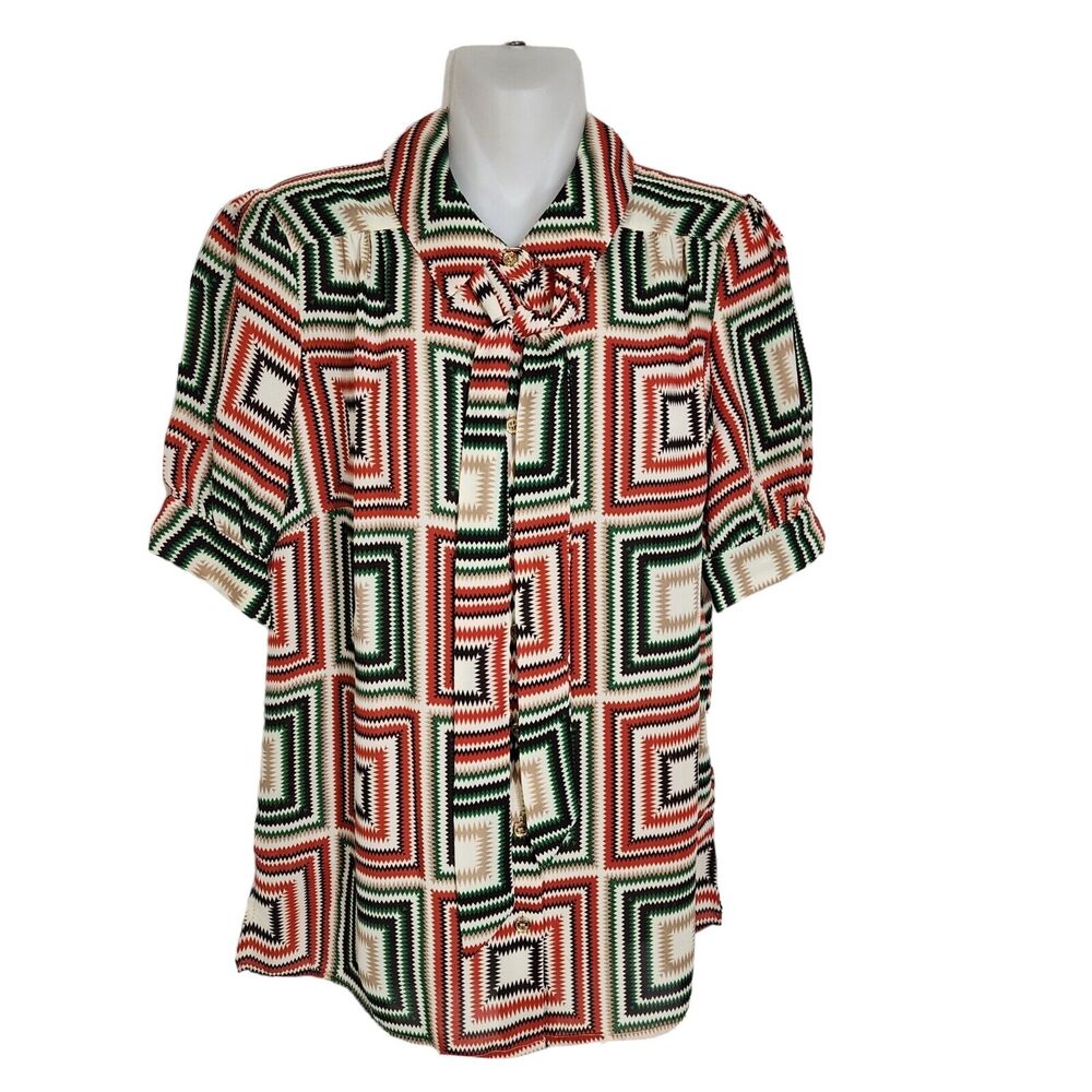 Vince Camuto Womens Blouse Small Multicolor Button Down Geometric Short Sleeve